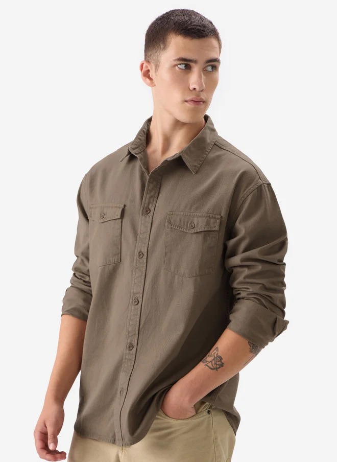 The Souled Store Men Brown Solid Regular Fit Utility Shirt