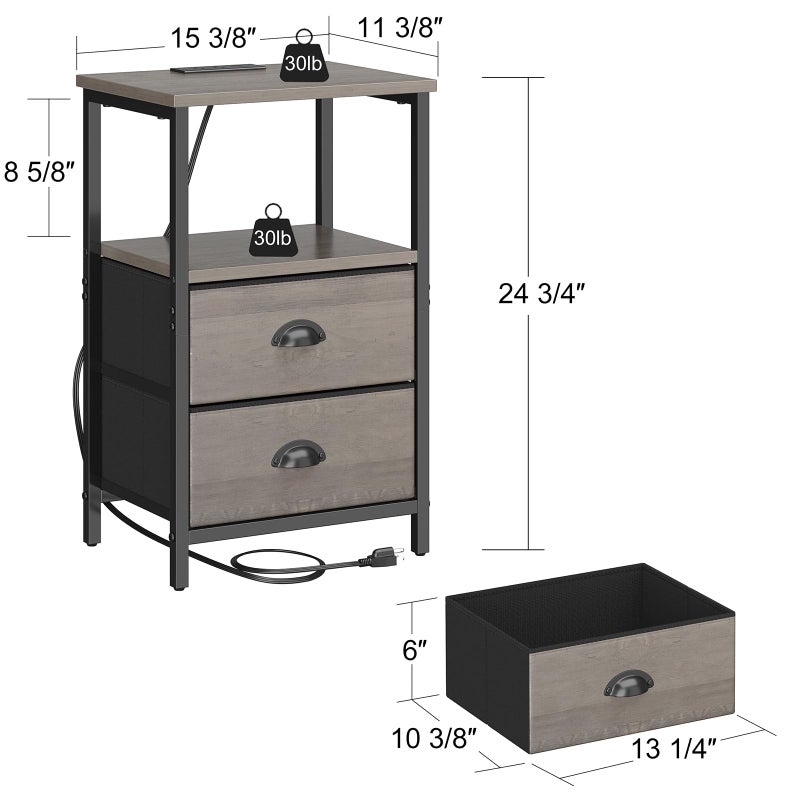 sthmec Nightstand with Charging Station, LED Night Stand Set of 2, Bedside Table End Table with Drawer, Bedroom Tables with 2 Fabric Drawers, 3-Tier Storage Side Table for Bedroom,Grey - Image 3