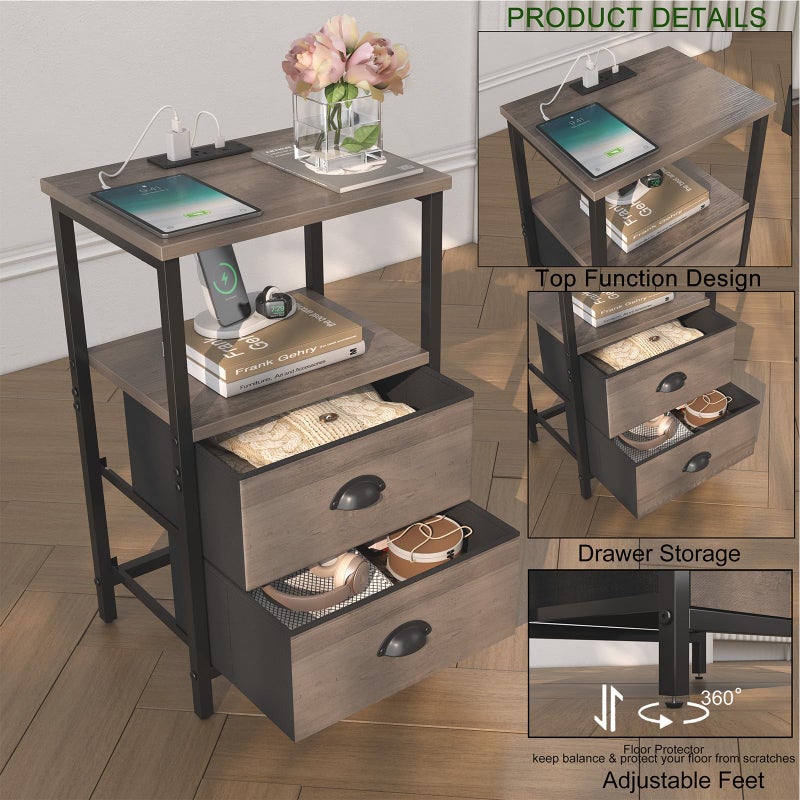 sthmec Nightstand with Charging Station, LED Night Stand Set of 2, Bedside Table End Table with Drawer, Bedroom Tables with 2 Fabric Drawers, 3-Tier Storage Side Table for Bedroom,Grey - Image 5
