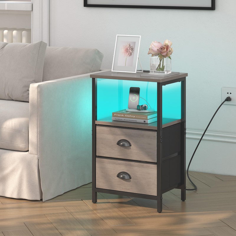 sthmec Nightstand with Charging Station, LED Night Stand Set of 2, Bedside Table End Table with Drawer, Bedroom Tables with 2 Fabric Drawers, 3-Tier Storage Side Table for Bedroom,Grey - Image 2