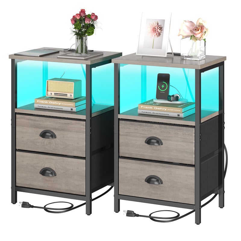 sthmec Nightstand with Charging Station, LED Night Stand Set of 2, Bedside Table End Table with Drawer, Bedroom Tables with 2 Fabric Drawers, 3-Tier Storage Side Table for Bedroom,Grey - Image 1