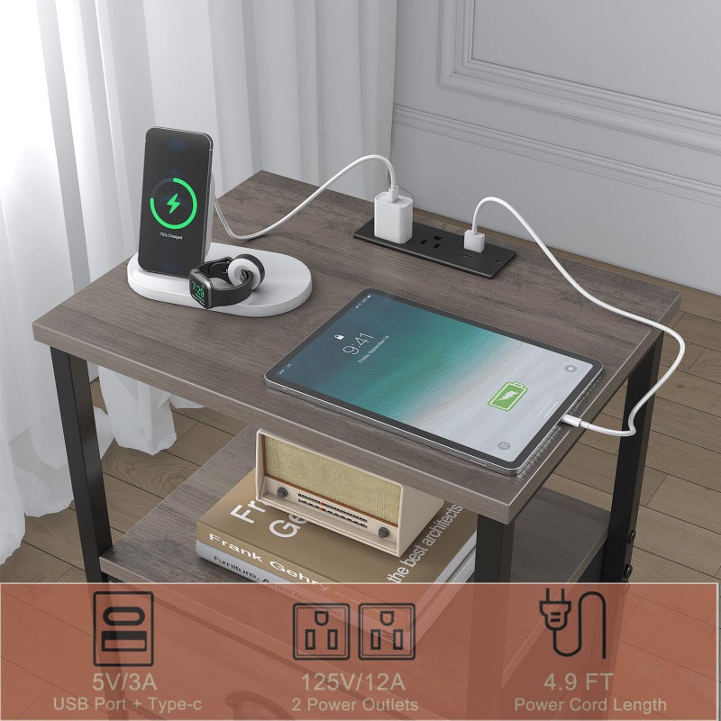 sthmec Nightstand with Charging Station, LED Night Stand Set of 2, Bedside Table End Table with Drawer, Bedroom Tables with 2 Fabric Drawers, 3-Tier Storage Side Table for Bedroom,Grey - Image 4