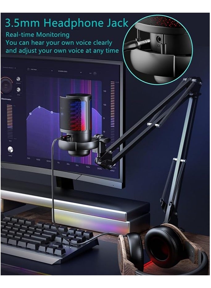 erorex Gaming Microphone for PS4/5 PC & MAC,w/Boom Arm,Pop Filter,Mute,Monitoring,192kHz/24Bit Noise Cancellation Condenser Gamer Podcast Recording Microphone for Streaming Twitch,Discord,YouTube (Black) - Image 4