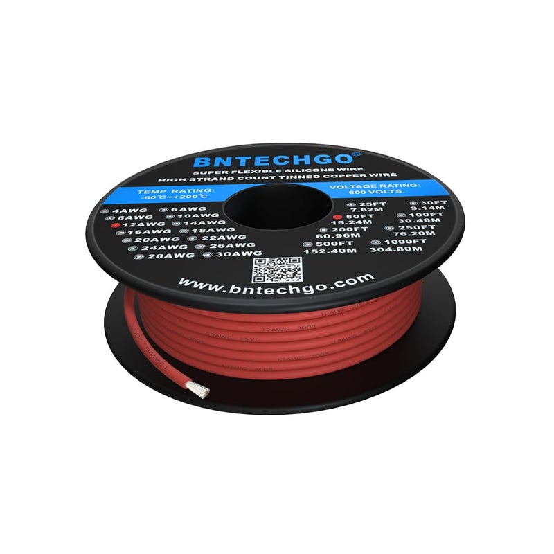 BNTECHGO 12 Gauge Silicone Wire Spool 50 ft Red Flexible 12 AWG Stranded Tinned Copper Wire - Image 1
