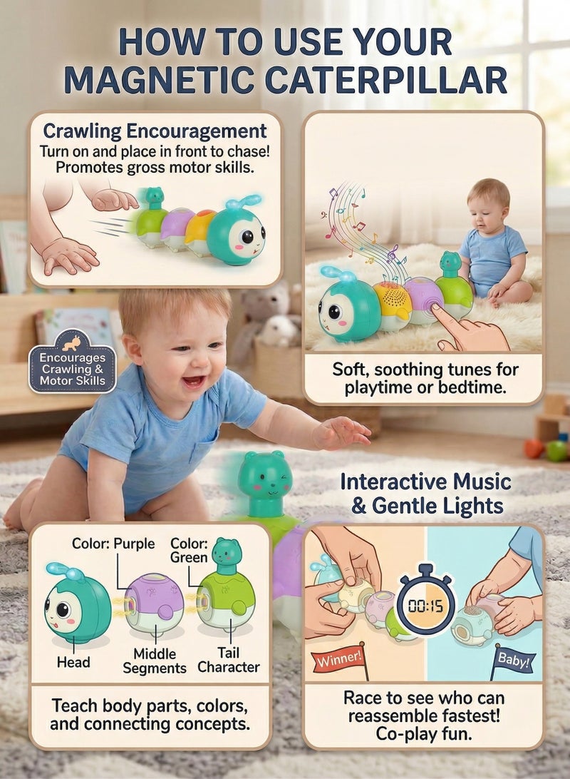 Baby Toys 0-6 Months, Crawling Caterpillar Tummy Time Toy with Magnetic Suction Music Light up, Sensory Learning Infant Toy for 6-12 Month Newborn Toddler 1 Year Old Girl Boy Baby Gifts - Image 5