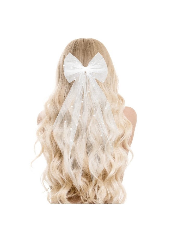 Yolev Bridal Pearl Hair Bow Veil Bridesmaid Large Hair Bow Wedding Veil With Barrette Bachelorette Party Decorations Bridal Bridesmaid Gift (White) - Image 1