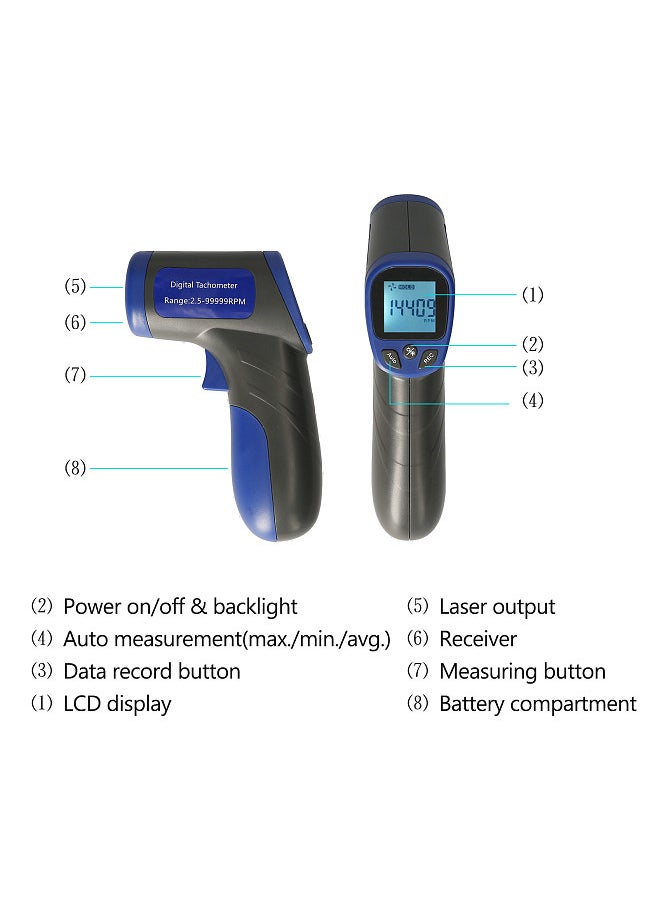 Generic - Digital Tachometer Laser Tachometer Handheld RPM Meter Speedmeter (2.5-99999RPM Measuring Range) with Backlit LCD Display for Motor Machine Lathe - Image 1