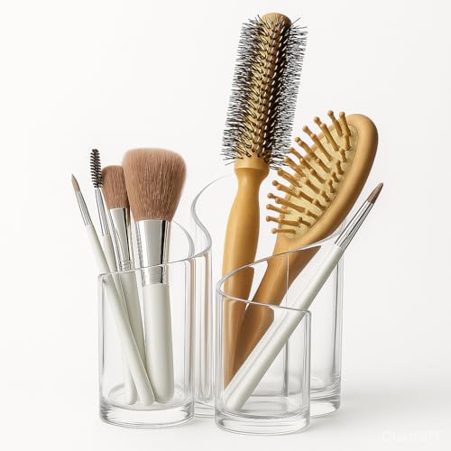 FOMQUAZLI Acrylic Makeup Brush Holder | 3 Compartment Cosmetic Organizer for Brushes, Comb, Eyeliner, Lipstick & Stationery | Transparent Vanity Storage Box for Dressing Table & Bathroom - Image 1