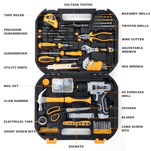 SOARFLY Upgraded 180 Piece Tool Set - Tool Box with 8V Cordless Drill, Hand Set for Men & Women, Home Repair Kit for DIYers, Homeowners & Handymen(Orange) - Image 2