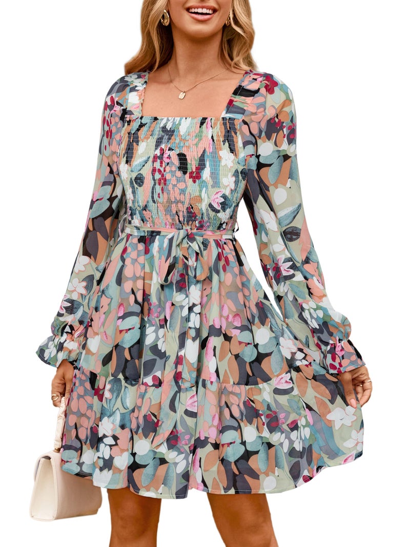 Simplee Womens Floral Long Sleeve Mini Dress Boho Square Neck Smocked Short Flowy Summer Wedding Guest Dresses Beach Vacation Green S - Image 1