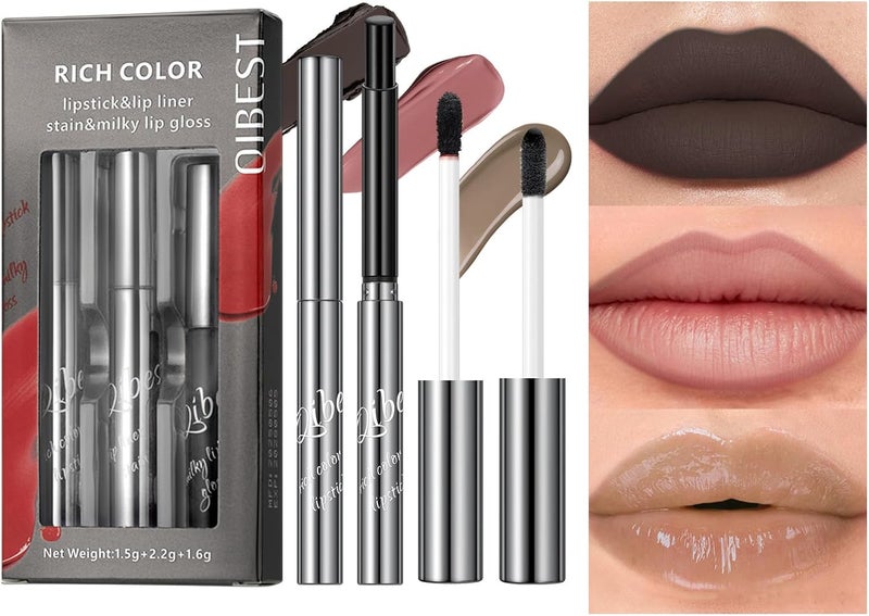 3 in 1 Peel Off Lip Liner Stain Tattoo Matte Lipstick and Butter Lip Gloss Set Longlasting Nonstick Cup Smudge Proof Lip Kits for Natural Glossy Lip Makeup and Velvet Goth Makeup
