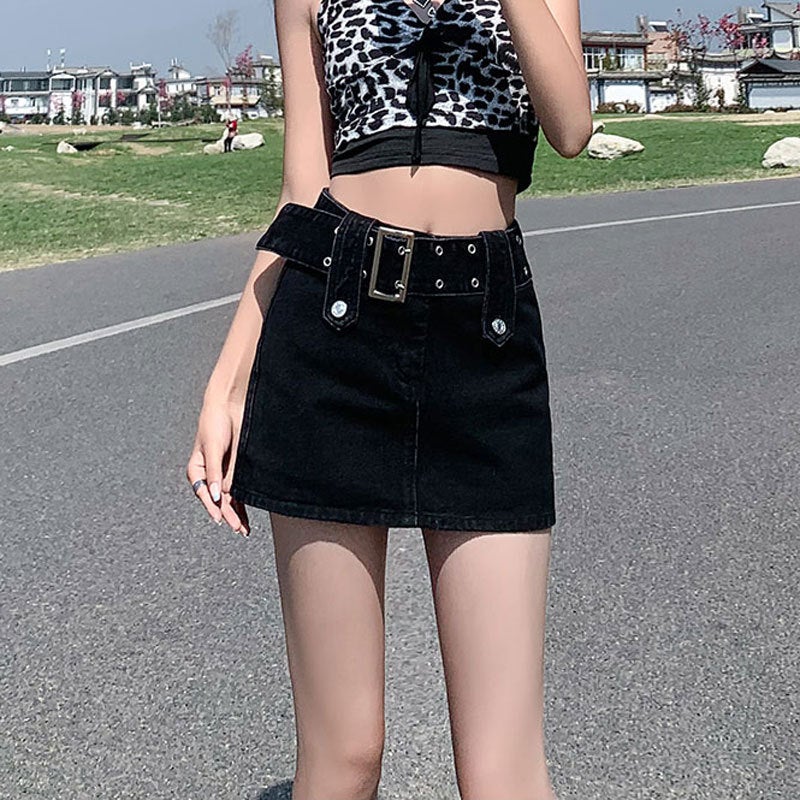 Half-Length High-Waist Denim Skirt Women'S Thin Summer Black A- Line Hip Ins Girls Super Shorts Skirt - Image 3