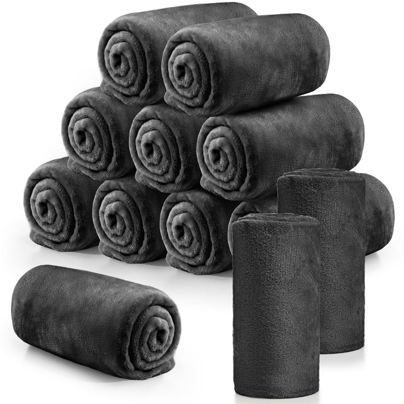 Tinideya 12 Pcs Flannel Fleece Throw Blanket Bulk 50 x 60 Inch Soft Fleece Blanket Warm Throw Blanket Coral Blankets for Couch Sofa Home Wedding Gifts Season Dark Gray