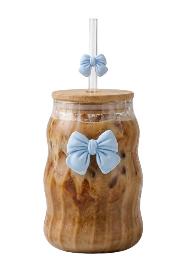 Premium 520ml Ribbed Glass Tumbler with Bamboo Lid & Glass Straw – Cute Aesthetic Iced Coffee Cup Featuring 3D Bow Decoration – Reusable Wavy Drinking Jar for Smoothies, Boba Tea, Mojito, Juice, Soda & Cocktails – Trendy Coquette Style Glassware Gift for Women & Girls – High-Quality Borosilicate Glass Sipper -Blue