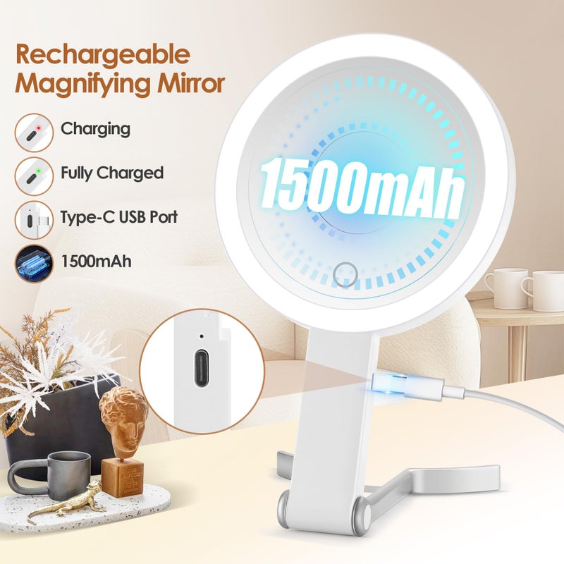 مياديفا مرآة مكبرة من ميياديفا مع إضاءة مزدوجة الجوانب 30X/1X مرآة مكياج للسفر مع تكبير 3 ألوان إضاءة قابلة للتعديل وشاشة تعمل باللمس ومرآة يد قابلة للطي وقابلة للتعديل (أبيض) - Image 3