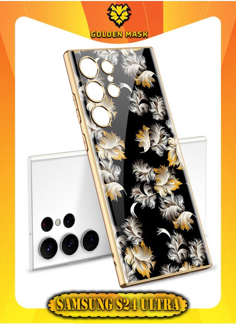 GOLDEN MASK Compatible With Samsung Galaxy S24 Ultra Case Glass With 3D Flowers Prints Gold Frame (Black)