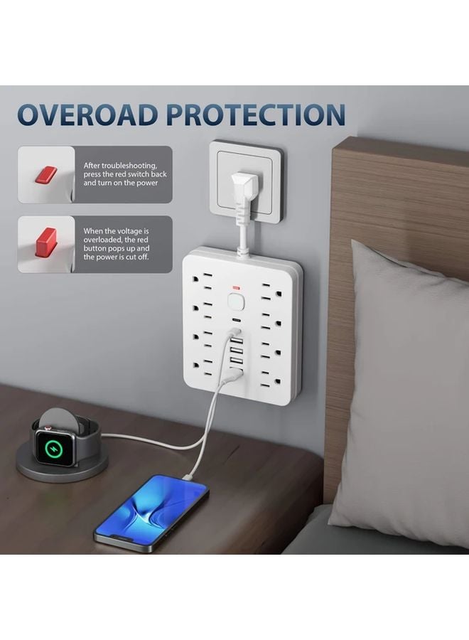 White 14 In 1 Power Strip Surge Protection 4 AC Outlets 6 USB Ports Type C Wall Mount - Image 4