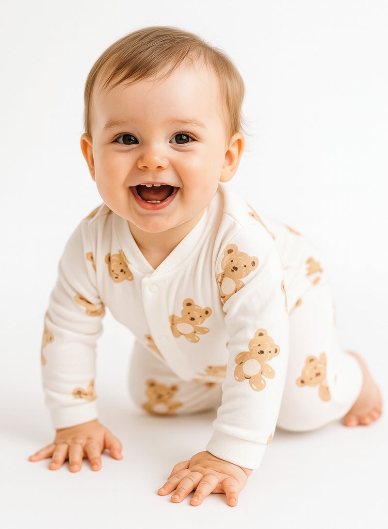 Baby Romper - 100% Cotton Full-Body Sleepsuit with Bear Print, Long Sleeve, Full Front Snap, For 3-18 Months  - Image 1