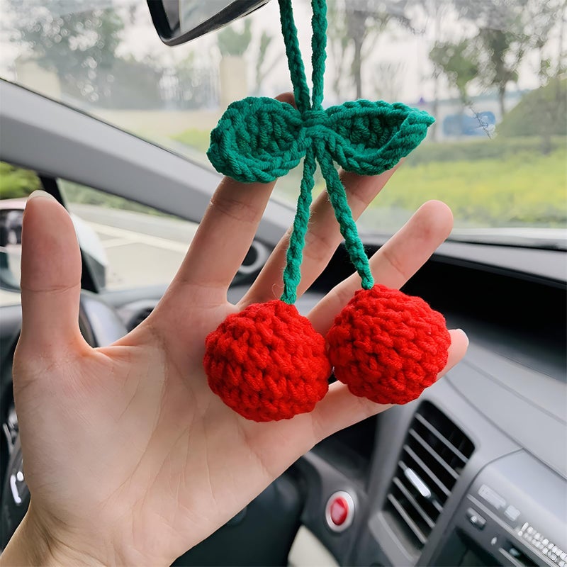 Mshion Cute Cherry Car Mirror Hanger - Crochet Hand Knitted Rear View Mirror Accessory - Image 1