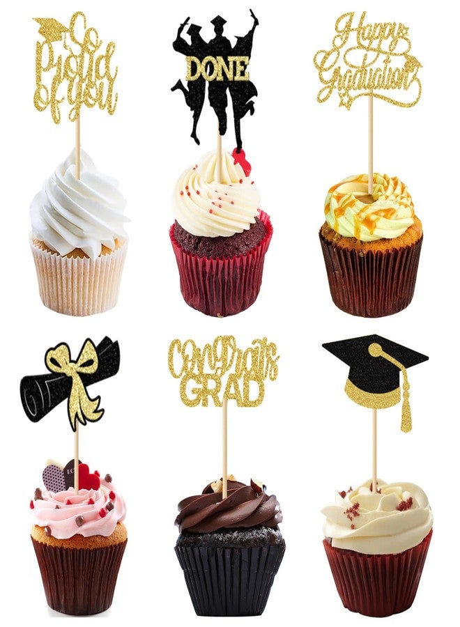 Chewarelly 24 Pack 2026 Congrats Grad Cupcake Toppers Set, Graduation Cupcake Decor, Class of 2026 Cupcake Picks for Senior High School College Grad Party Decorations Supplies(Black with Gold) B - Image 1