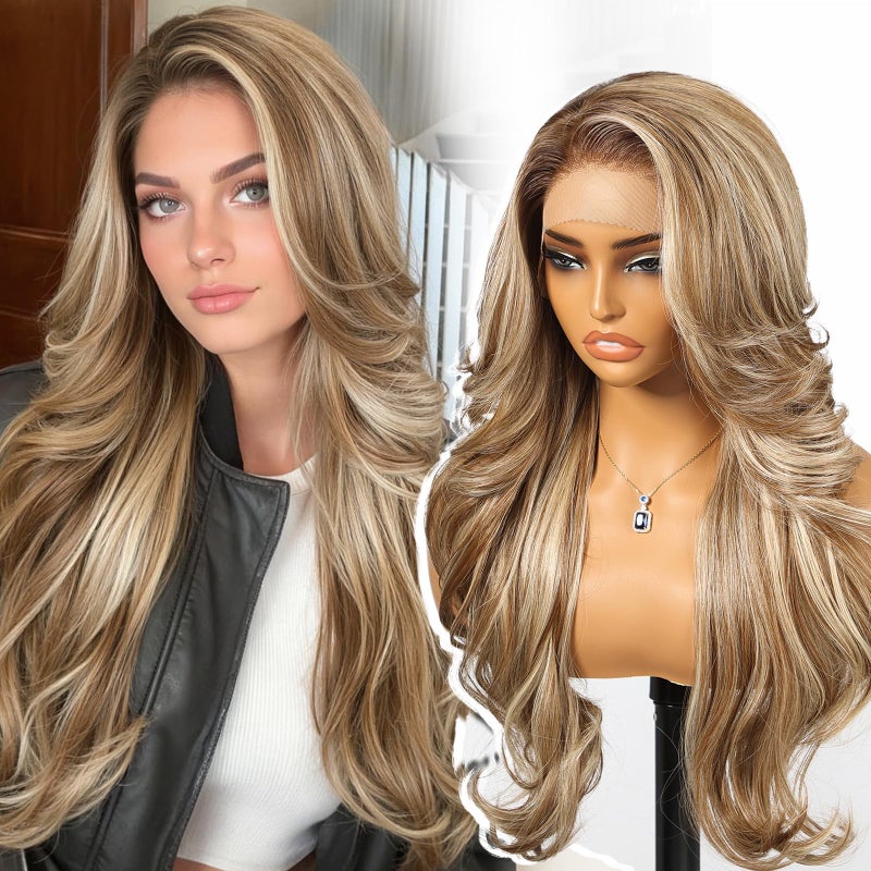 KOME Ash Blonde Highlight Synthetic Lace Front Wig13x4 HD Lace Layered Wave Glueless Wigs for Women Daily Use 26IN - Image 2