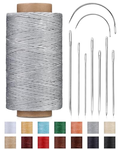 DIUDUS 218 Yards Waxed Thread Upholstery Thread Heavy Duty for Hand Sewing with Heavy Duty Sewing Needles Leather Repair kit for Furniture Shoes Bags Sofa Light Gray - Image 1