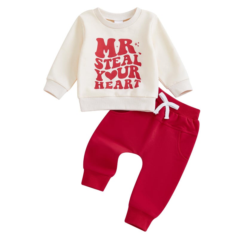 Frietlebird My First Valentines Day Baby Boy Outfit Letter Print Crewneck Sweatshirt With Pants Cute Winter Spring Clothes Outfits (Va-Beige Red Heart 6-12 Months) - Image 1