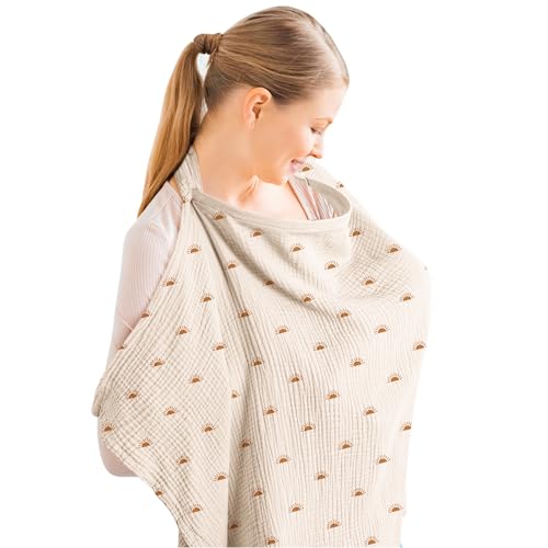 Konssy Muslin Nursing Cover for Baby Breastfeeding Breathable 100 Cotton Breastfeeding Cover with Rigid Hoop for Mother Nursing Apron Multiuse Carseat Canopy Sun