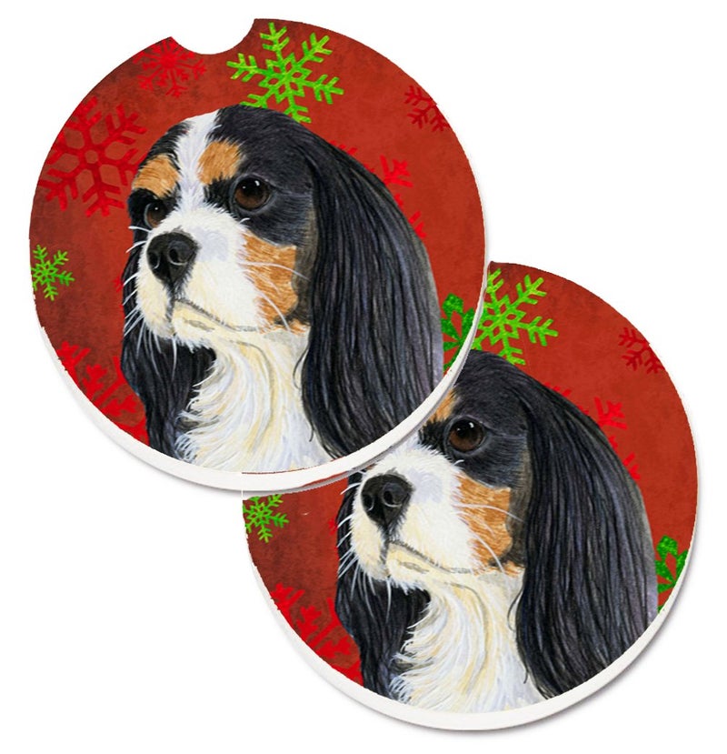 Caroline's Treasures LH9324CARC Cavalier Spaniel Red and Green Snowflakes Holiday Christmas Set of 2 Cup Holder Car Coasters Absorbent Sandstone Coasters for Car Cup Holders Gifts for Men or Women  La