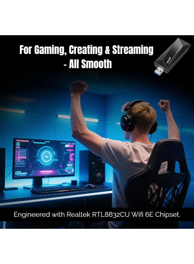  أورا سيليكت محول USB WiFi 6E بسرعة 5400 ميجابت في الثانية | شريحة Realtek RTL8832CU | بطاقة شبكة لاسلكية ثلاثية النطاقات 6 جيجاهرتز/5 جيجاهرتز/2.4 جيجاهرتز لأجهزة الكمبيوتر المكتبية/المحمولة | USB 3.0 | التوصيل والتشغيل | يدعم أنظمة التشغيل Windows 10/11 - Image 5