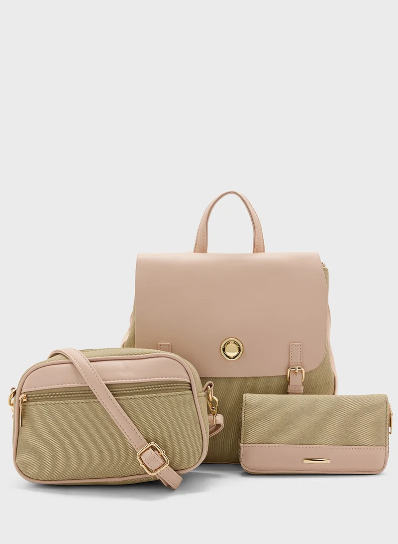 جينجر 3 Piece Set Color Block Backpack, Crossbody And Wallet