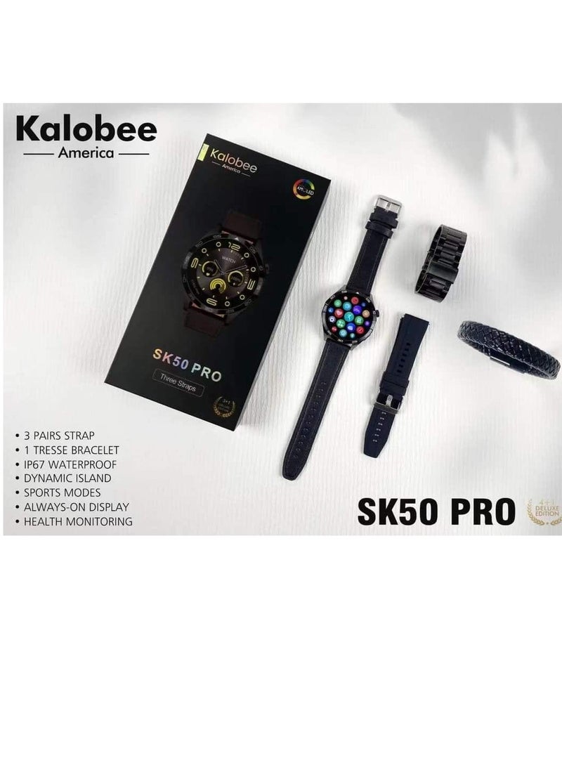 SK 50 Pro Smart Watch AMOLED Screen with 3 Straps an additional Bracelet and Wireless Charging Multicolour