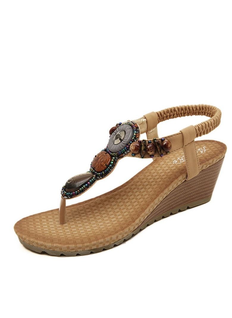 Loquat - Beach Beach Bohemian Vintage Beaded Wedge Sandals Brown - Image 1