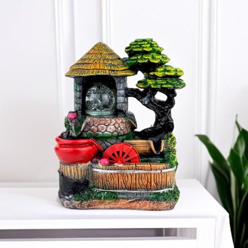 BIANCO Polyresin Waterfall Fountain with LED Lights & Adjustable Speed Control for Living Room, Bedroom & Office 25.5 Cm | Stress Relief & Positive Energy Décor | Tabletop Water Fountain (GHF319) - Image 1