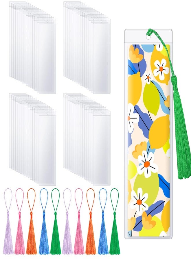 HAPY SHOP 50 Pieces Bookmark Sleeves with 50 Pieces Bookmarks Tassels 7.2×2.3 Inches Plastic Bookmark Sleeves for Bookmarks Photos Markers - Image 1