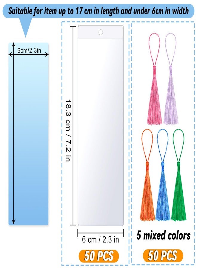 HAPY SHOP 50 Pieces Bookmark Sleeves with 50 Pieces Bookmarks Tassels 7.2×2.3 Inches Plastic Bookmark Sleeves for Bookmarks Photos Markers - Image 2
