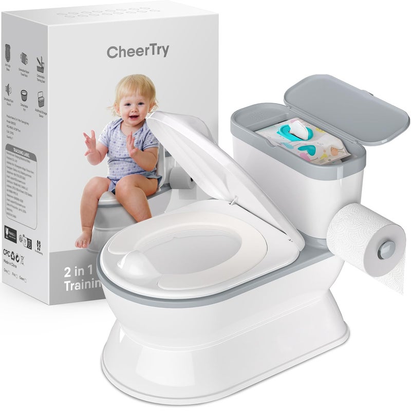CheerTry 2-in-1 Toddler Potty Training Toilet - Larger Potty Chair & Detachable Training Seat for Boys & Girls Ages 1-3 with Flushing Sound, Wipes Storage, Toilet Paper Holder - Grey - Image 1
