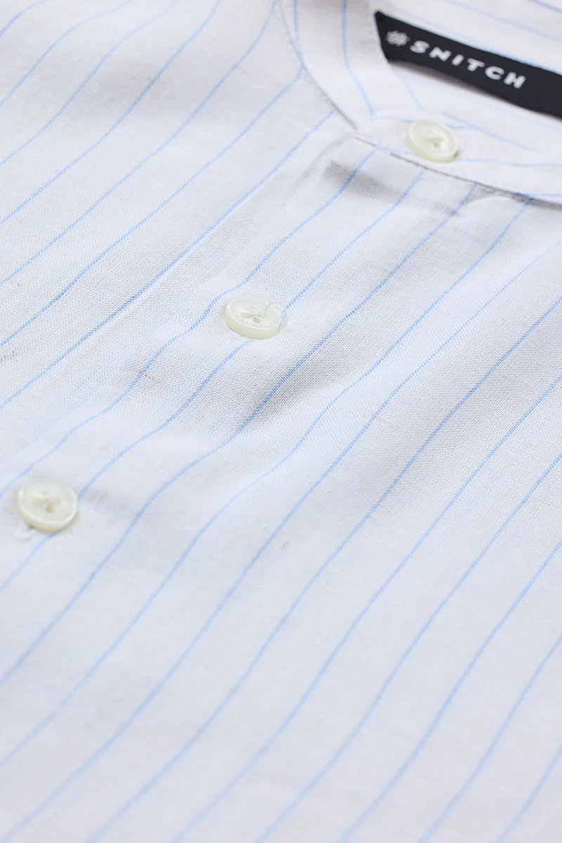 SNITCH Regular Fit Linen Blend Stripes White Shirt