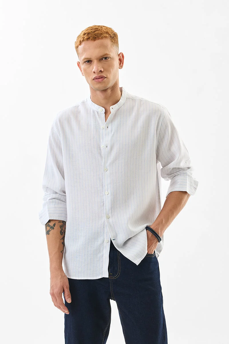 SNITCH Regular Fit Linen Blend Stripes White Shirt