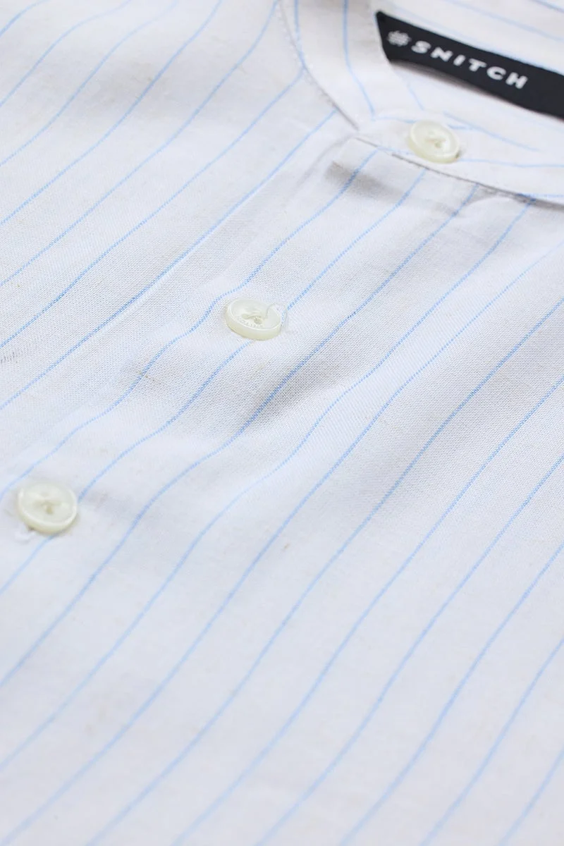 SNITCH Regular Fit Linen Blend Stripes White Shirt