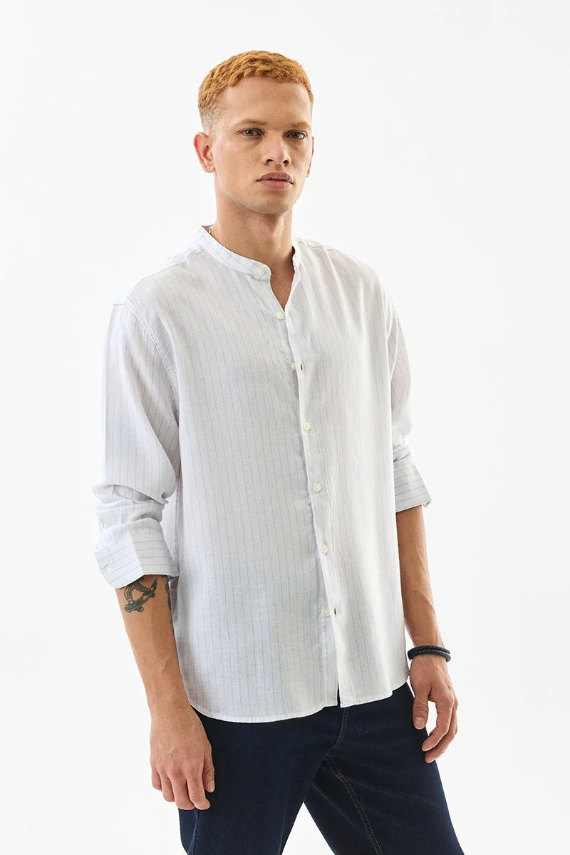 SNITCH Regular Fit Linen Blend Stripes White Shirt
