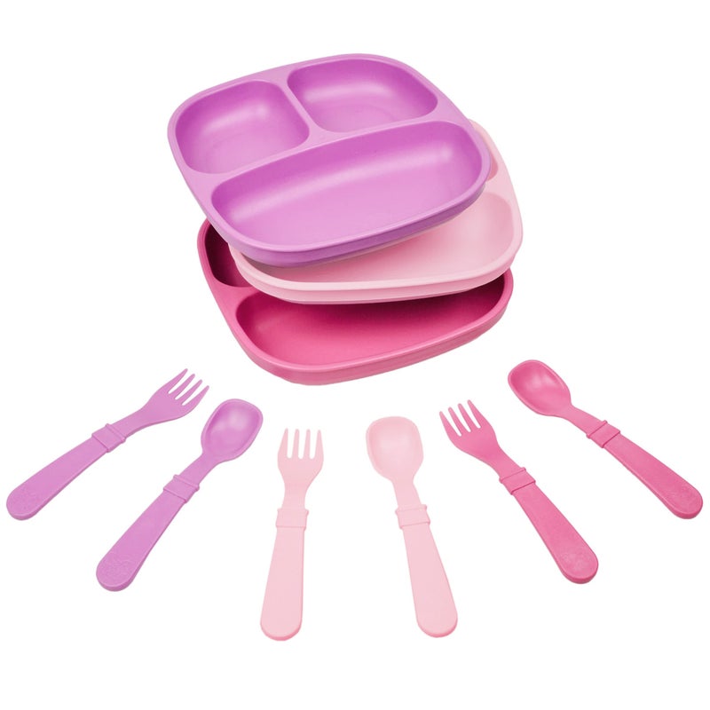 Re-Play 3x3 Divided Toddler Plates and Utensils Set - Toddler Forks and Spoons Set - Dishwasher and Microwave Safe - Made in USA - Princess - Image 1