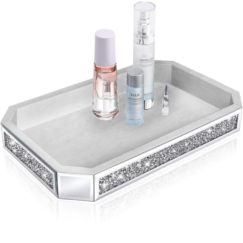 Wocred Mirror Perfume Tray fits Dresser Bedroom,Crushed Diamond Bathroom Box, Vanity Tray,Decorative Serving Tray for Coffee Table Decor(15â€x 10â€x 2â€) - Image 1