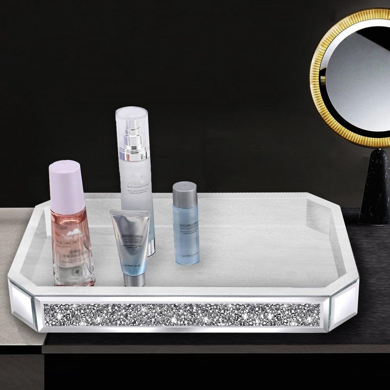 Wocred Mirror Perfume Tray fits Dresser Bedroom,Crushed Diamond Bathroom Box, Vanity Tray,Decorative Serving Tray for Coffee Table Decor(15â€x 10â€x 2â€) - Image 3