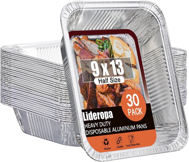 Lideropa Half Size Aluminum Pans 9x13-30 Pack Aluminum Foil Pans, Heavy Duty Disposable Pans for Cooking, Storing, Prepping, and Freezing Food - Image 1