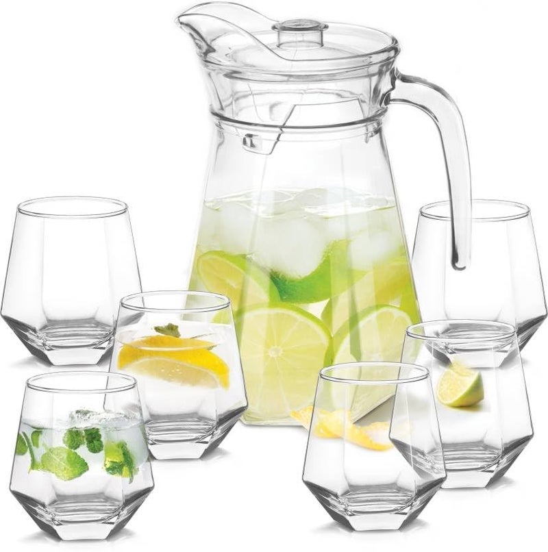 Red-Rubby 7pc Crystal Water Jug with Glass Set | jug with lid and Handle,6pieces Glass Set, 1pc Jug 1800ml and 6pc Glasses 6x300ml, Freezer Safe and Dishwasher Safe - Image 1