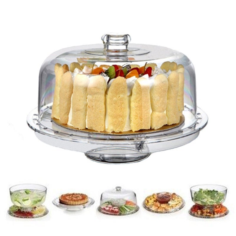RHYDON Acrylic Cake Stand Multifunctional Serving Platter and Cake Plate with Dome 6 Uses - Image 1