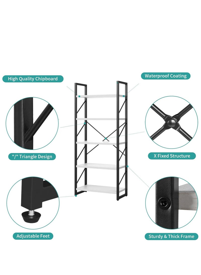 Chulovs - 5 Tiers Bookshelf, Classically Modern White Bookshelf, Wood and Metal Storage Book Rack, Storage Rack Shelves in Living Room/Home/Office, Books Holder Organizer for Books/Movies - Image 1