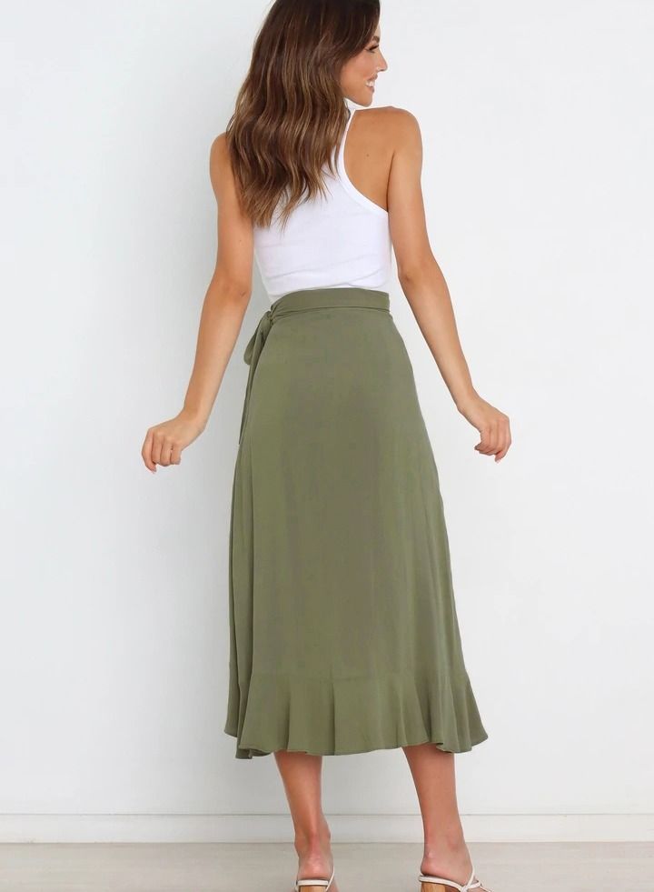 Loquat Women's Solid Color Ruffle Wrap Skirt Tie Waist Boho High Low Asymmetrical Midi Skirt Army Green  - Image 2