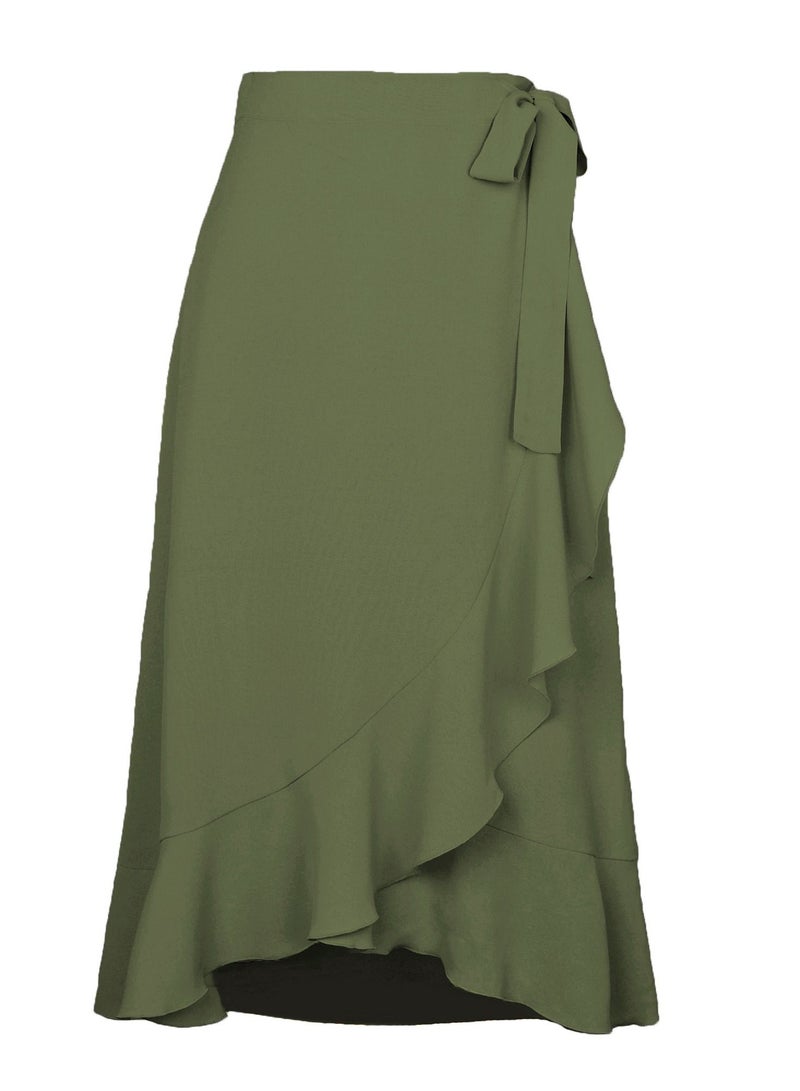 Loquat Women's Solid Color Ruffle Wrap Skirt Tie Waist Boho High Low Asymmetrical Midi Skirt Army Green  - Image 3